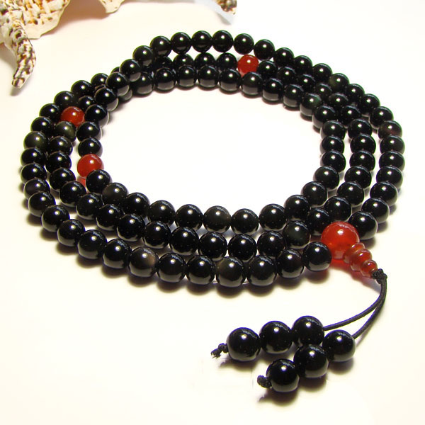 Original Natural 8MM Black Obsidian Red Onyx Stone 108 Lucky Prayer Beads Bracelet